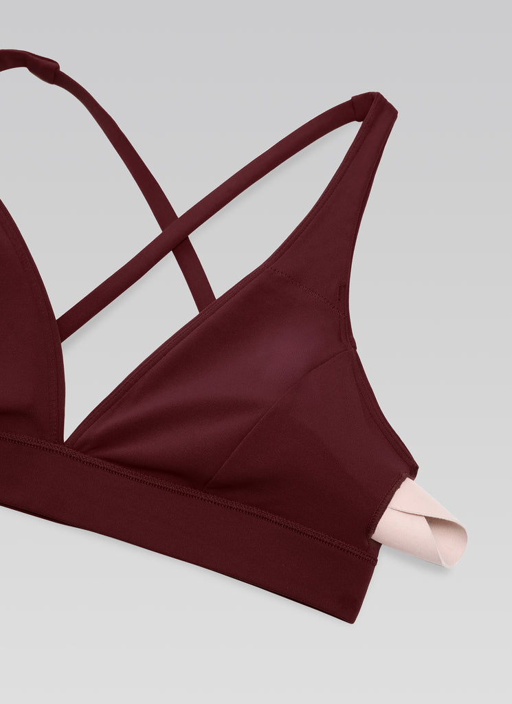 CRZ YOGA Sujetador Criss Cross con Tirantes Finos y Cuello en V Profundo Merlot Rojo