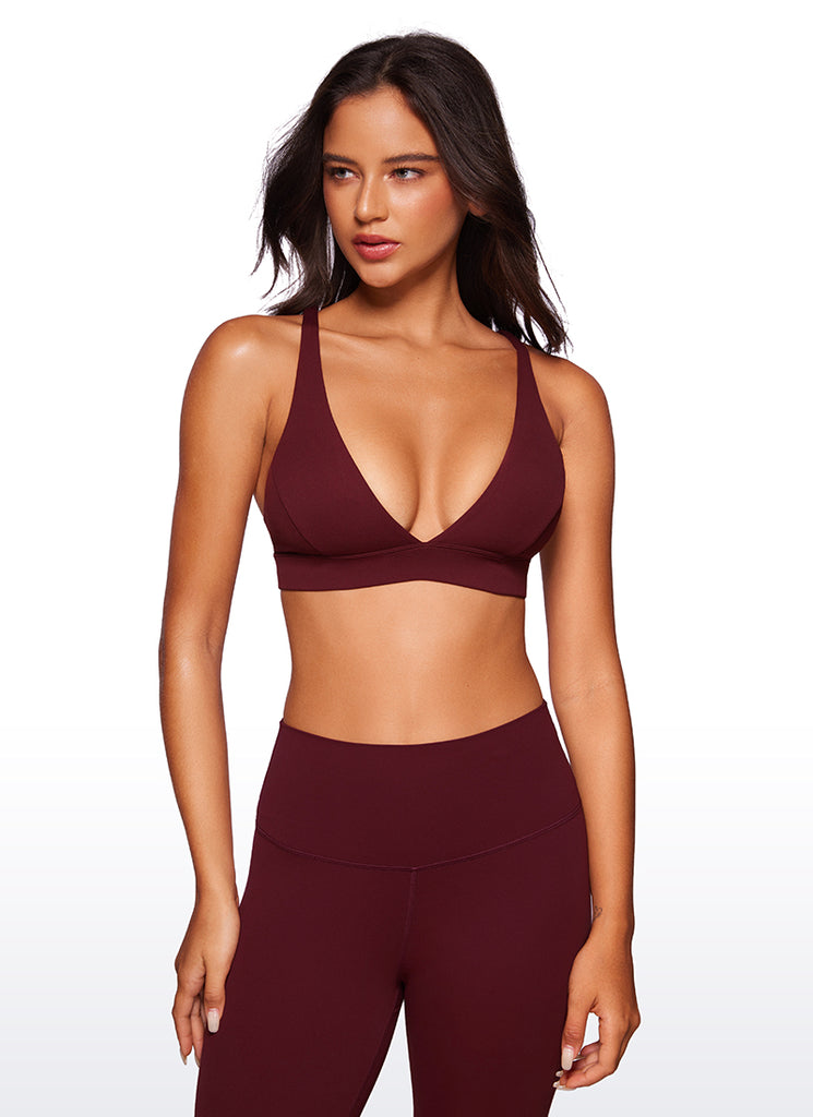 CRZ YOGA Sujetador Criss Cross con Tirantes Finos y Cuello en V Profundo Merlot Rojo