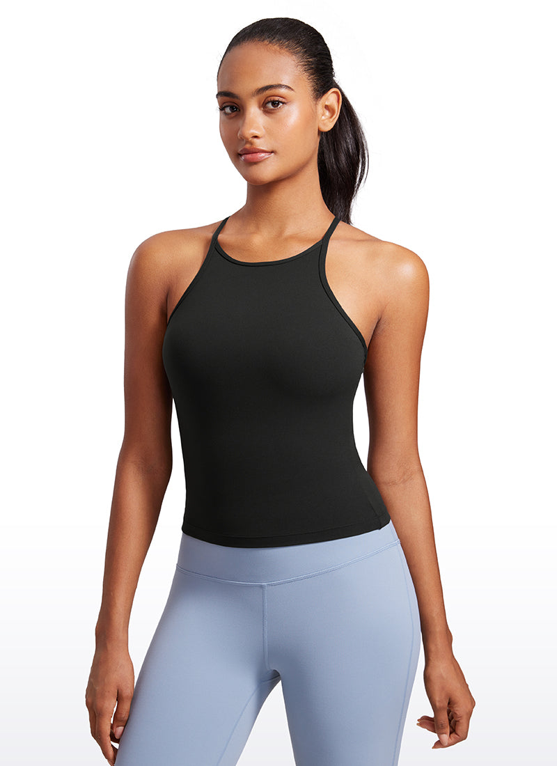 CRZ YOGA Mujer Top de Yoga Butterluxe Halter Cuello Alto Espalda en Y Negro