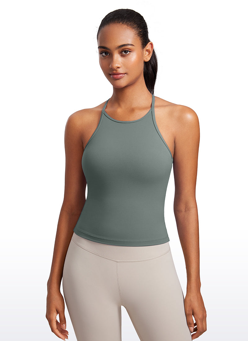 CRZ YOGA Mujer Top de Yoga Butterluxe Halter Cuello Alto Espalda en Y Salvia gris