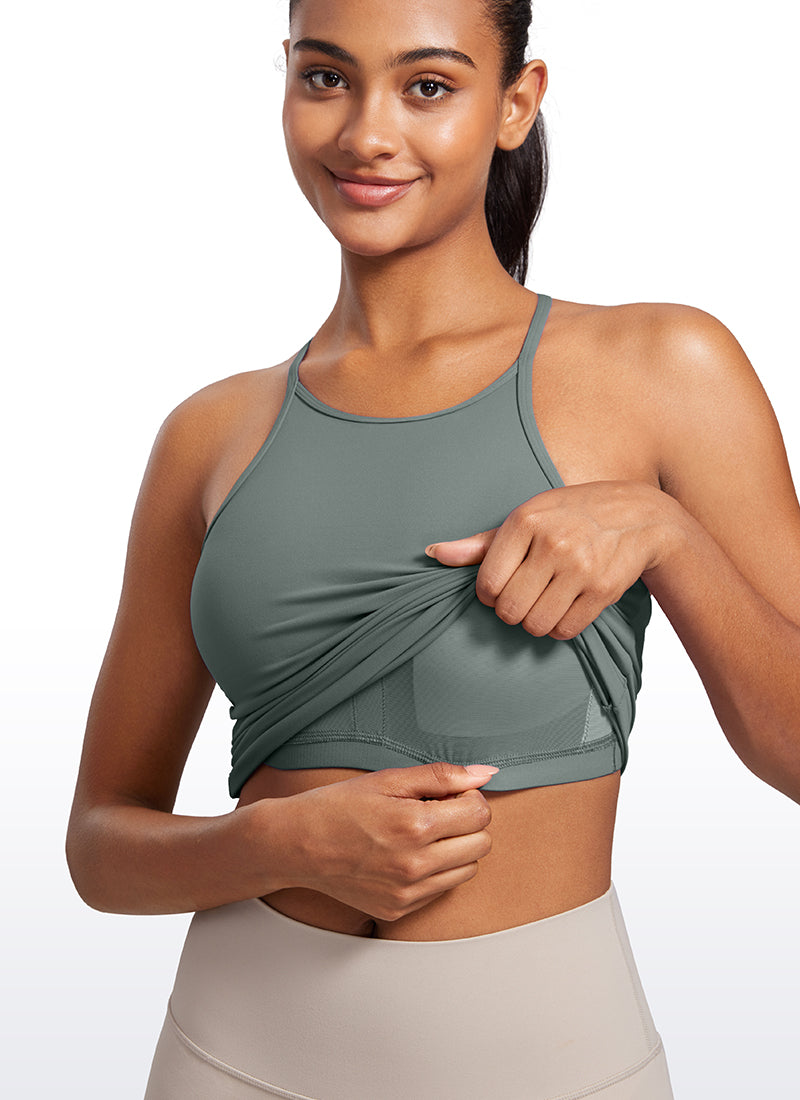 CRZ YOGA Mujer Top de Yoga Butterluxe Halter Cuello Alto Espalda en Y Salvia gris