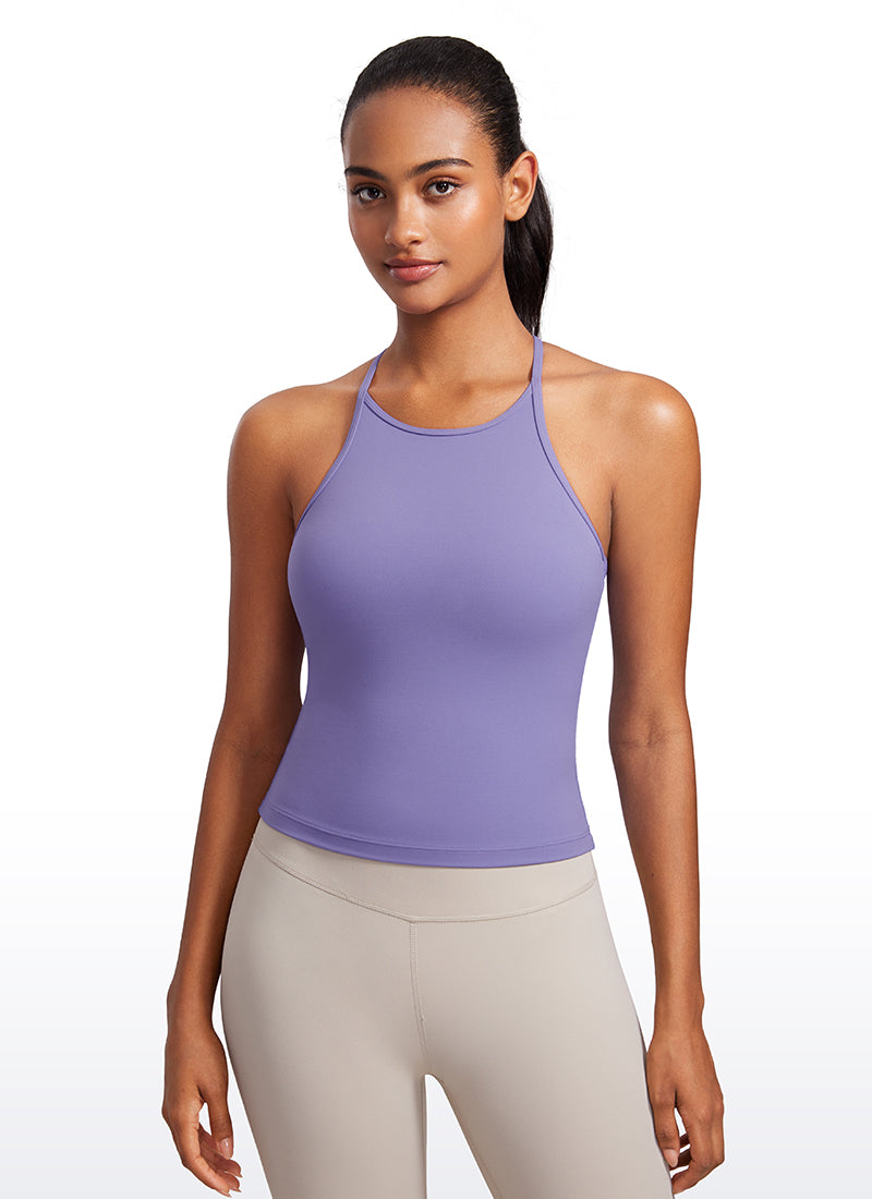 CRZ YOGA Mujer Top de Yoga Butterluxe Halter Cuello Alto Espalda en Y Lavanda Oscura Morada