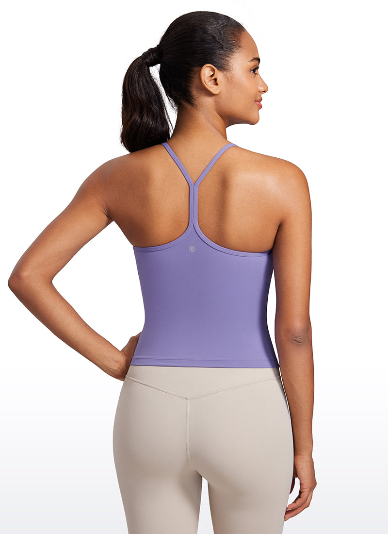 CRZ YOGA Mujer Top de Yoga Butterluxe Halter Cuello Alto Espalda en Y Lavanda Oscura Morada