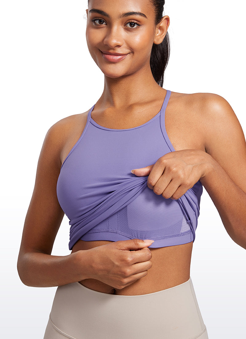 CRZ YOGA Mujer Top de Yoga Butterluxe Halter Cuello Alto Espalda en Y Lavanda Oscura Morada