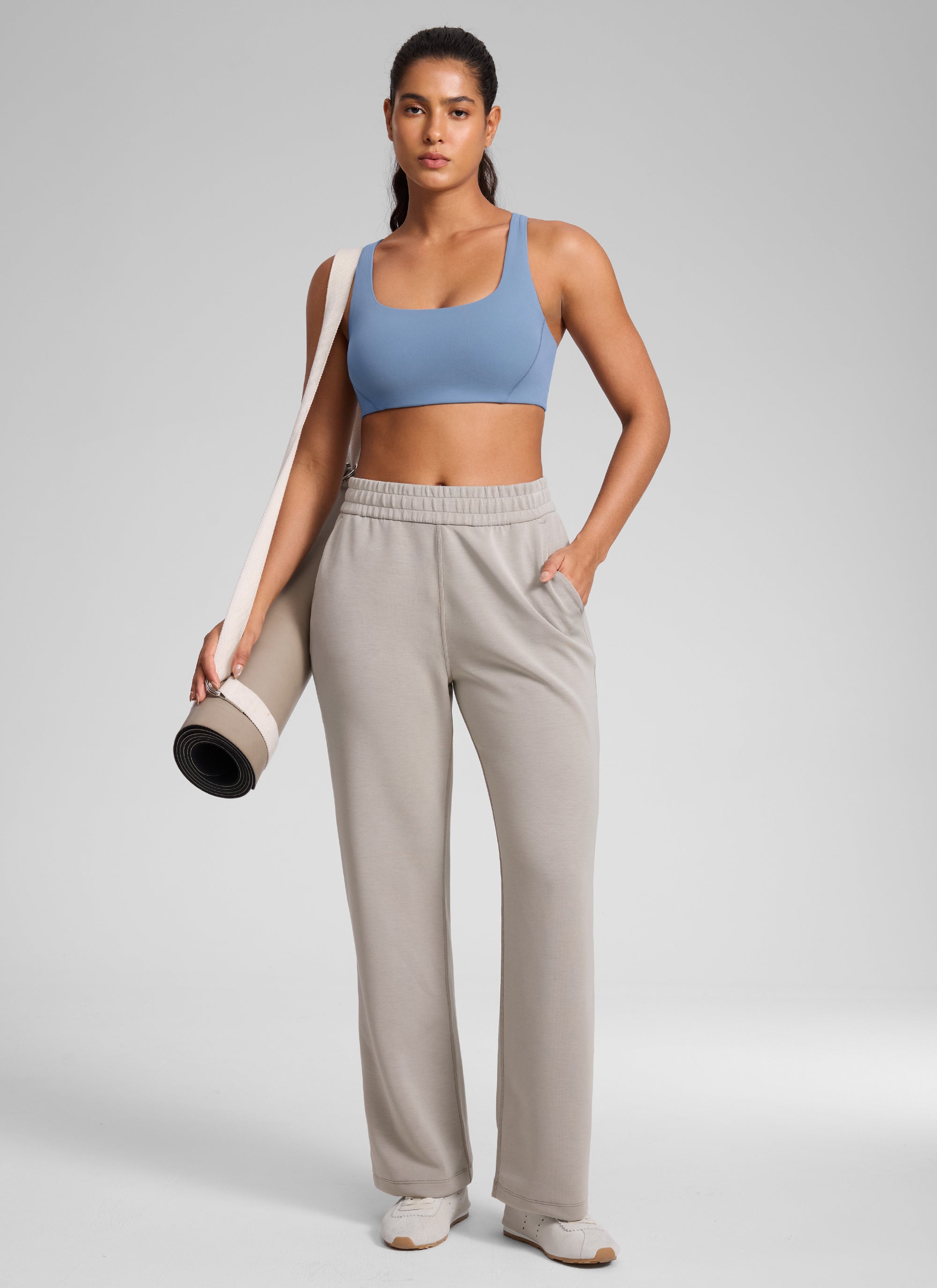 CRZ YOGA Butterlift Sujetador Deportivo con Escote Cuadrado y Doble Capa para Mujer Denim lavado