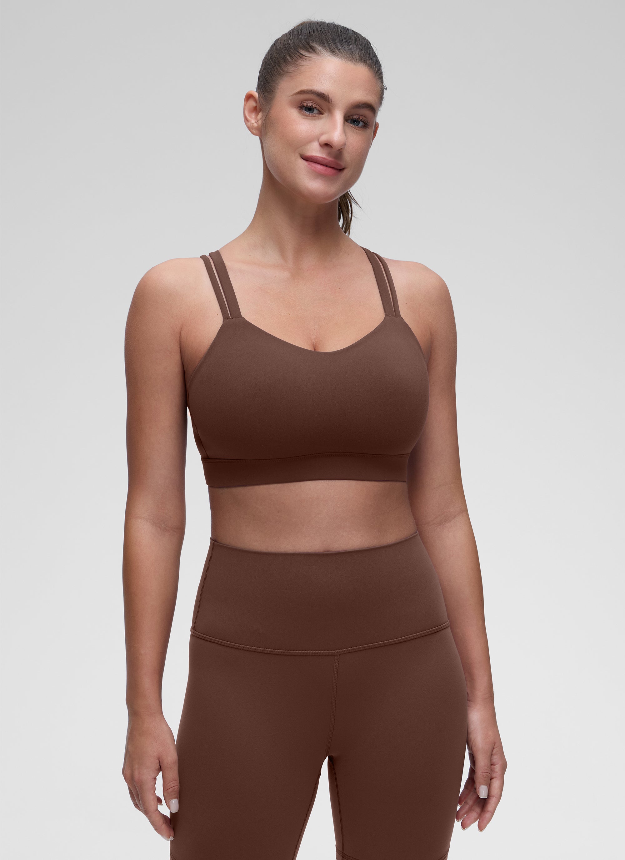 CRZ YOGA Mujer Yoga Soporte Ligero Moldeado Escote en U Doble Tirante Café Morena