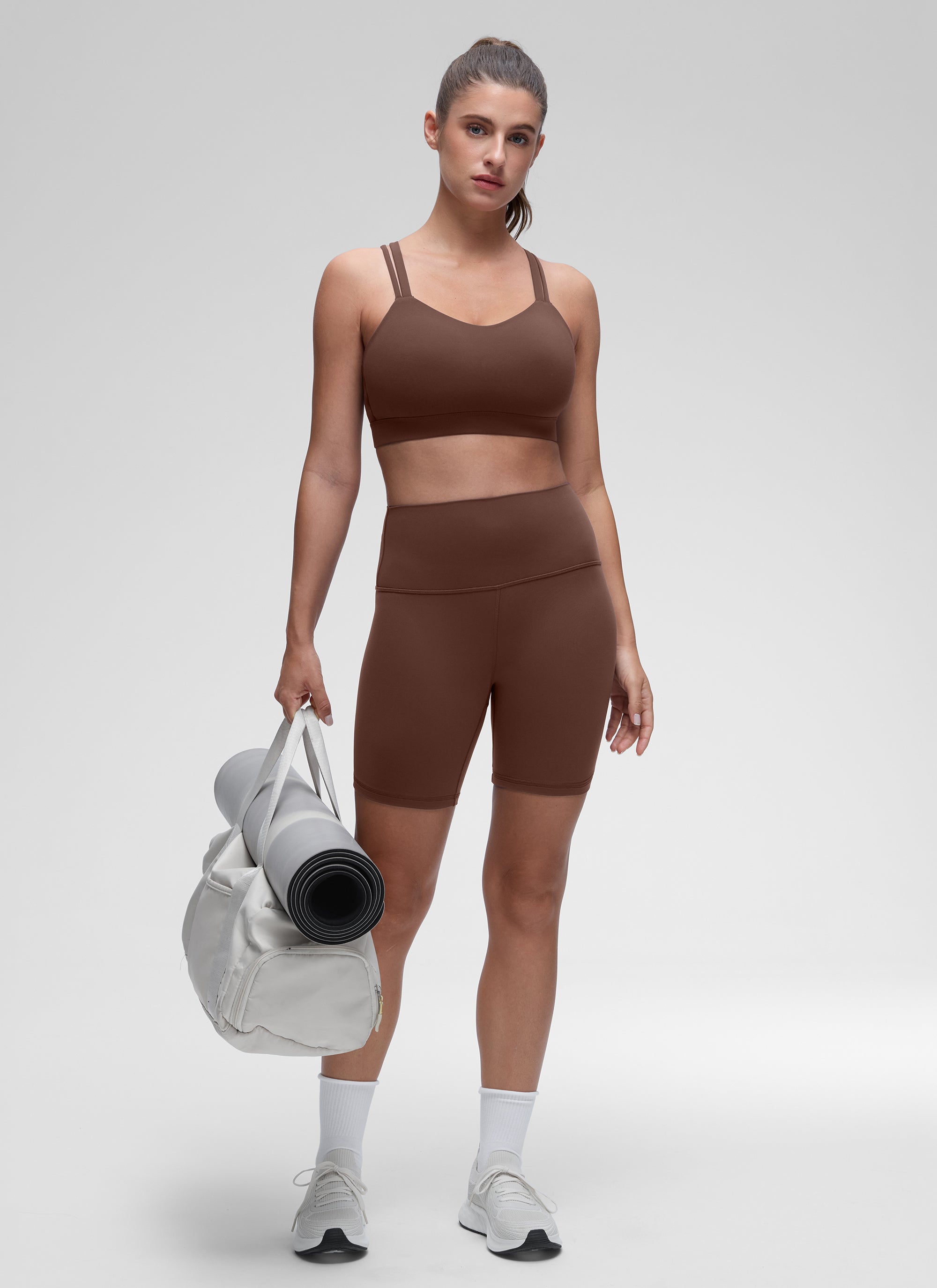 CRZ YOGA Mujer Yoga Soporte Ligero Moldeado Escote en U Doble Tirante Café Morena