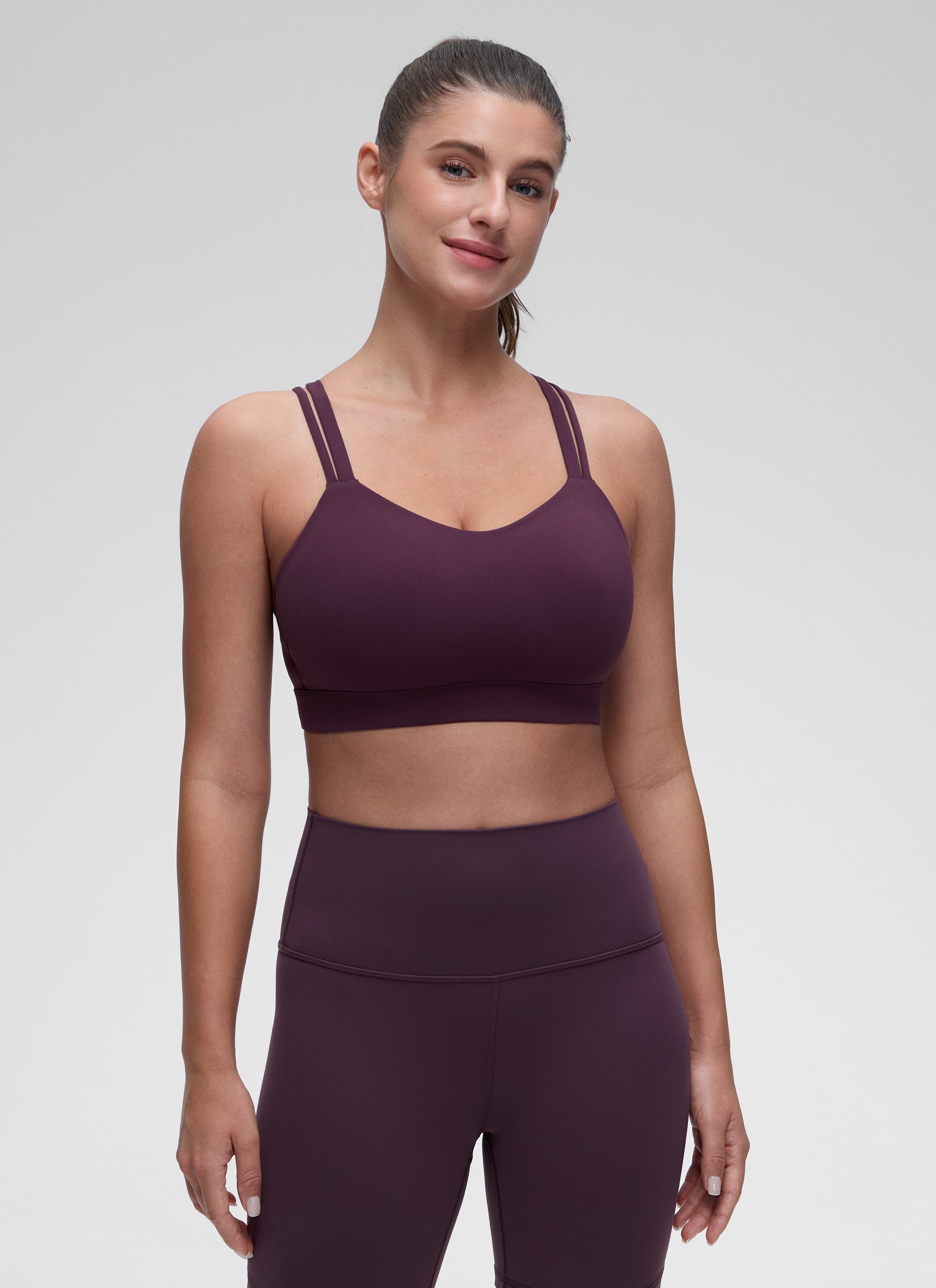 CRZ YOGA Mujer Yoga Soporte Ligero Moldeado Escote en U Doble Tirante Deep Purple
