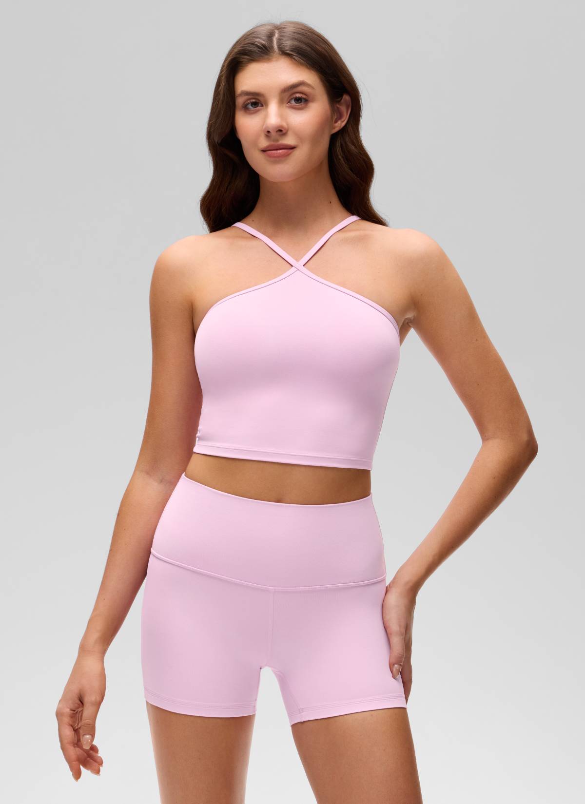 CRZ YOGA Women's Butterluxe Sujetador Incorporado de Halter Cruzado Vita Rosa