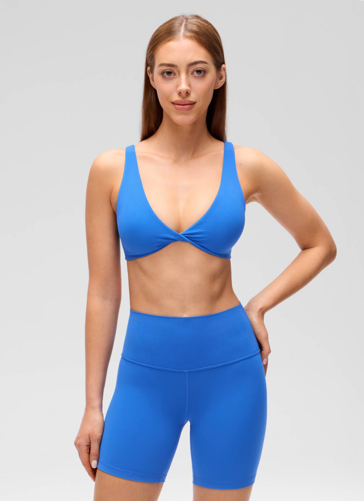 CRZ YOGA Mujer Butterluxe Yoga Twist V Neck U Back Sujetador Deportivo Azul Destello