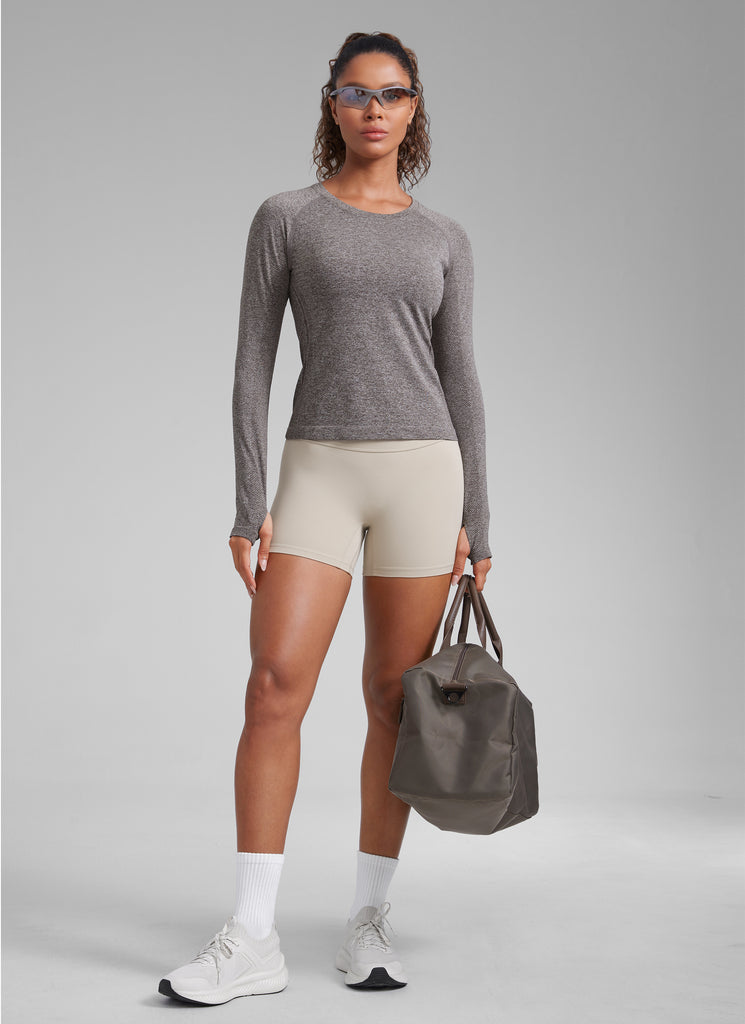 CRZ YOGA Camiseta sin Costuras con Manga Larga de Secado Rápido para Mujer Marrón Fudge Caliente