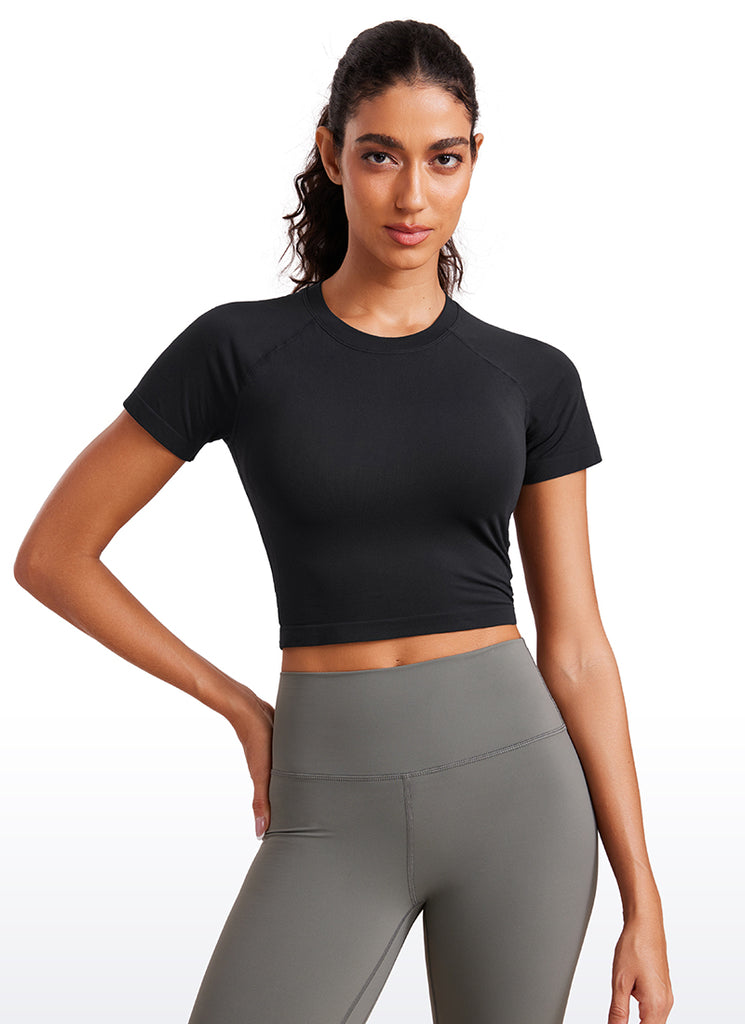 CRZYOGA Camiseta Cortsda Sin Costuras de Manga Corta para Mujer Negro