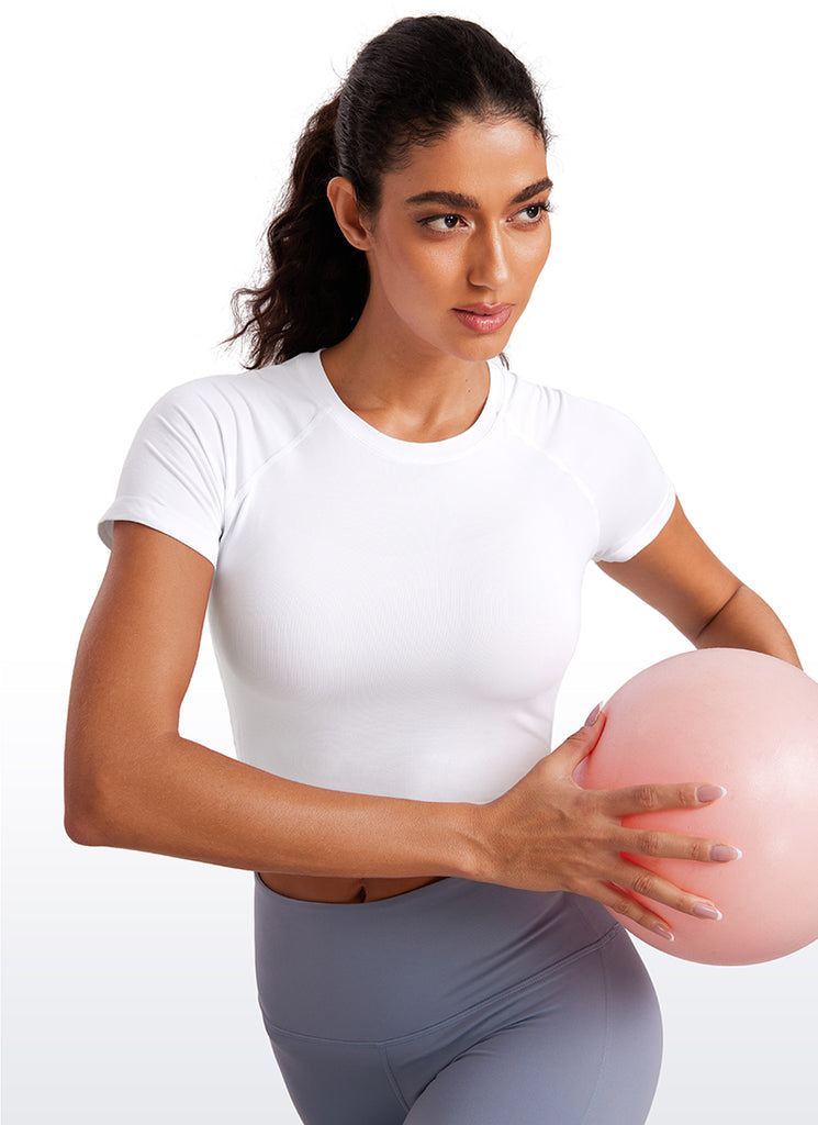 CRZYOGA Camiseta Cortsda Sin Costuras de Manga Corta para Mujer blanco