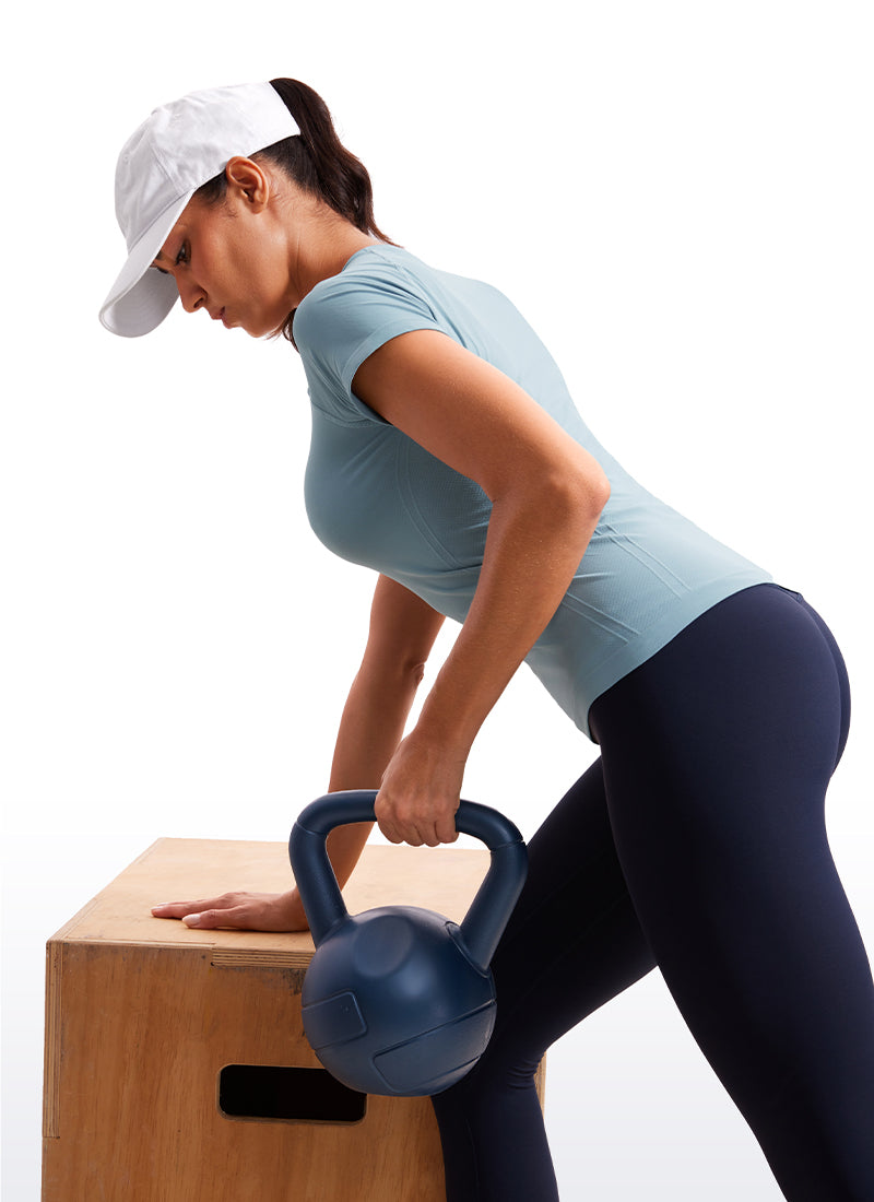 CRZ YOGA Camisetas Sin costuras de Corte Clásico con Mangas Cortas para Mujer Azul puro