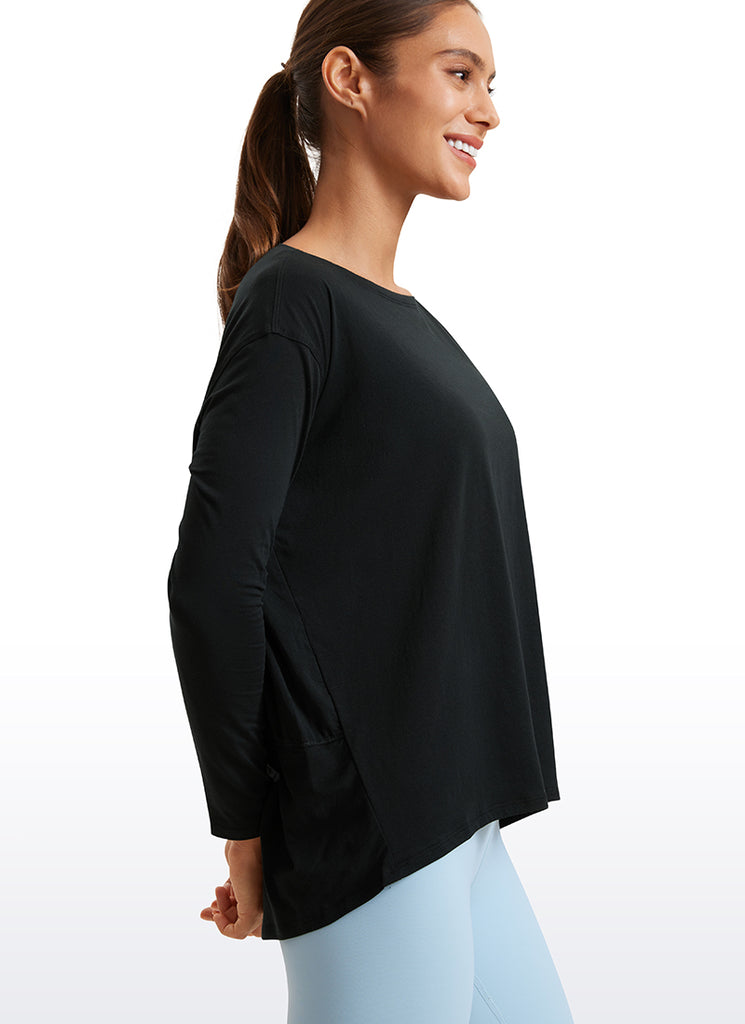 CRZ YOGA Camiseta de Corte Suelto y Pima Cotton con Mangas Largas y Cuello Barco Negro