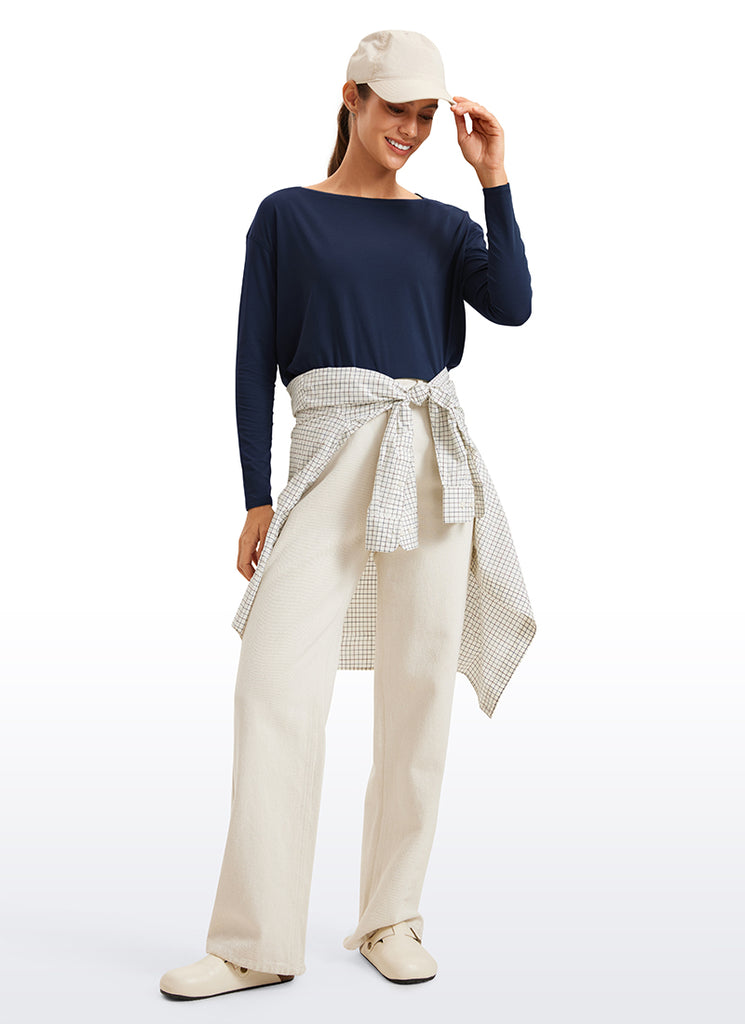 CRZ YOGA Camiseta de Corte Suelto y Pima Cotton con Mangas Largas y Cuello Barco Gris oliva