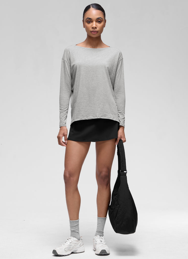 CRZ YOGA Camiseta de Corte Suelto y Pima Cotton con Mangas Largas y Cuello Barco Gris medio jaspeado