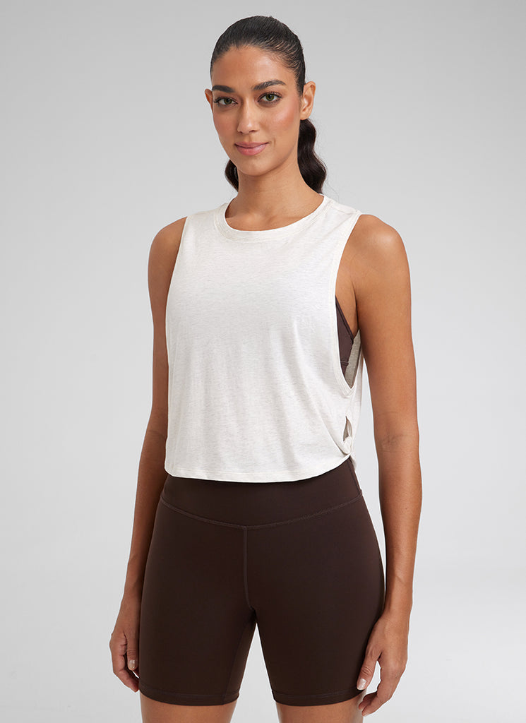 CRZ YOGA Tank Corto de Algodón Pima Sisa Profunda para Mujer Gris hielo Blanco