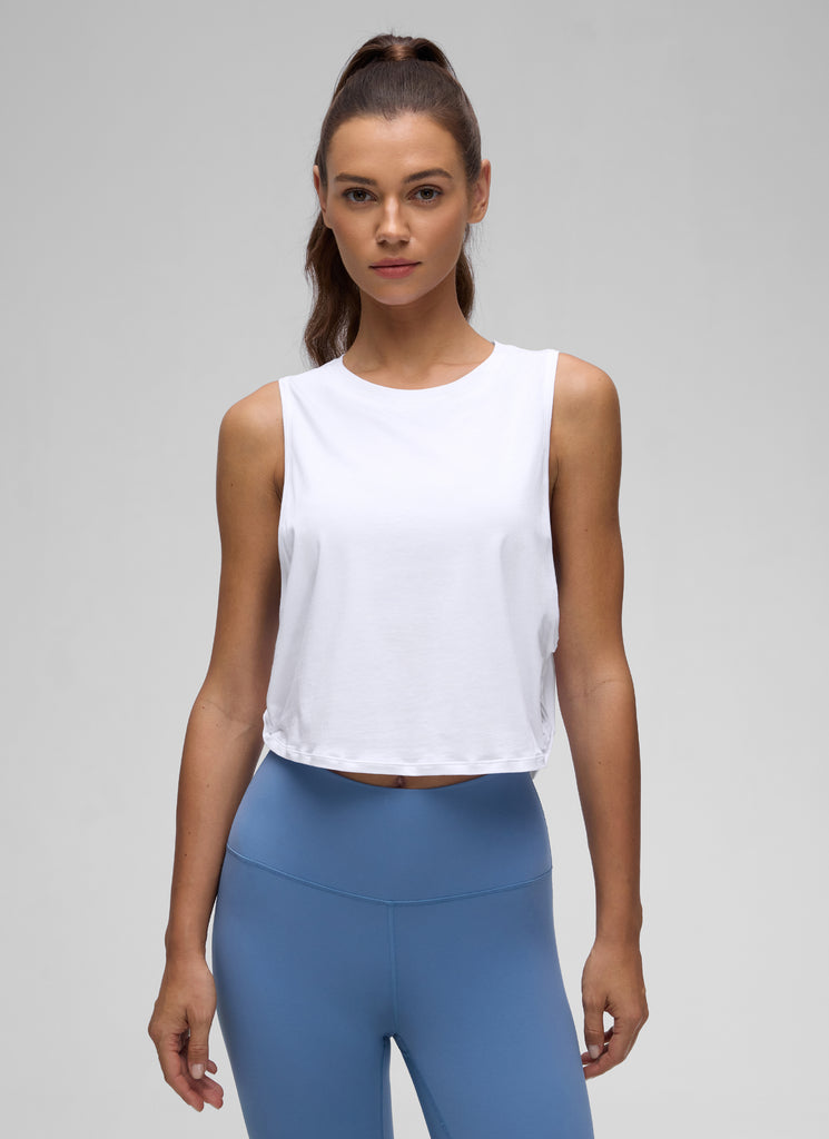 CRZ YOGA Tank Corto de Algodón Pima Sisa Profunda para Mujer Gris hielo Blanco