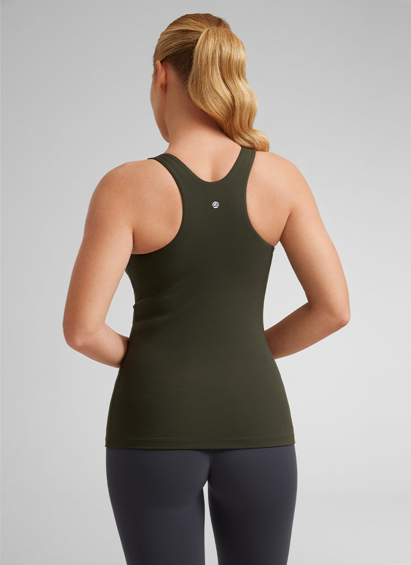 CRZ YOGA Mujer Tanque Butterluxe con Sujetador Incorporado y Cuello Alto Verde Oliva