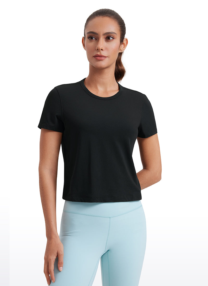 CRZ YOGA Camiseta de Algodón Pima y Mangas Cortas con Cuello Alto para Mujer Negro