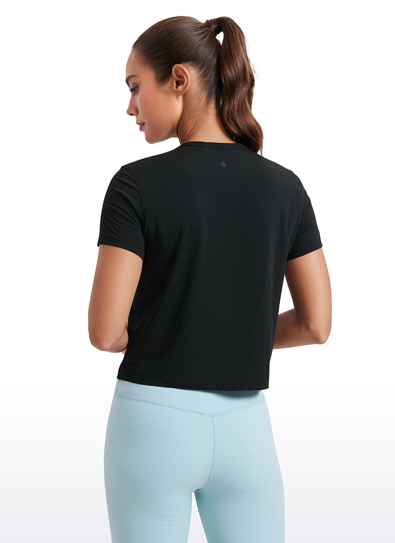 CRZ YOGA Camiseta de Algodón Pima y Mangas Cortas con Cuello Alto para Mujer Negro