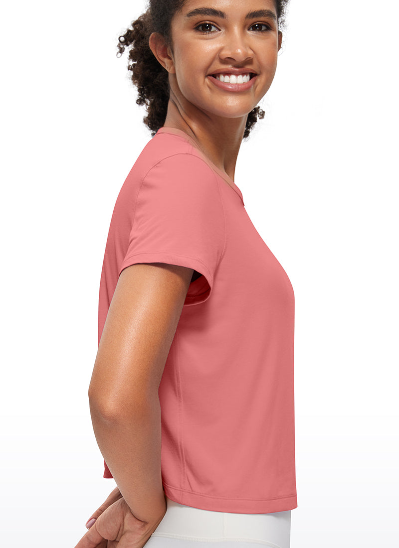 CRZ YOGA Camiseta de Algodón Pima y Mangas Cortas con Cuello Alto para Mujer Verdor Brillante