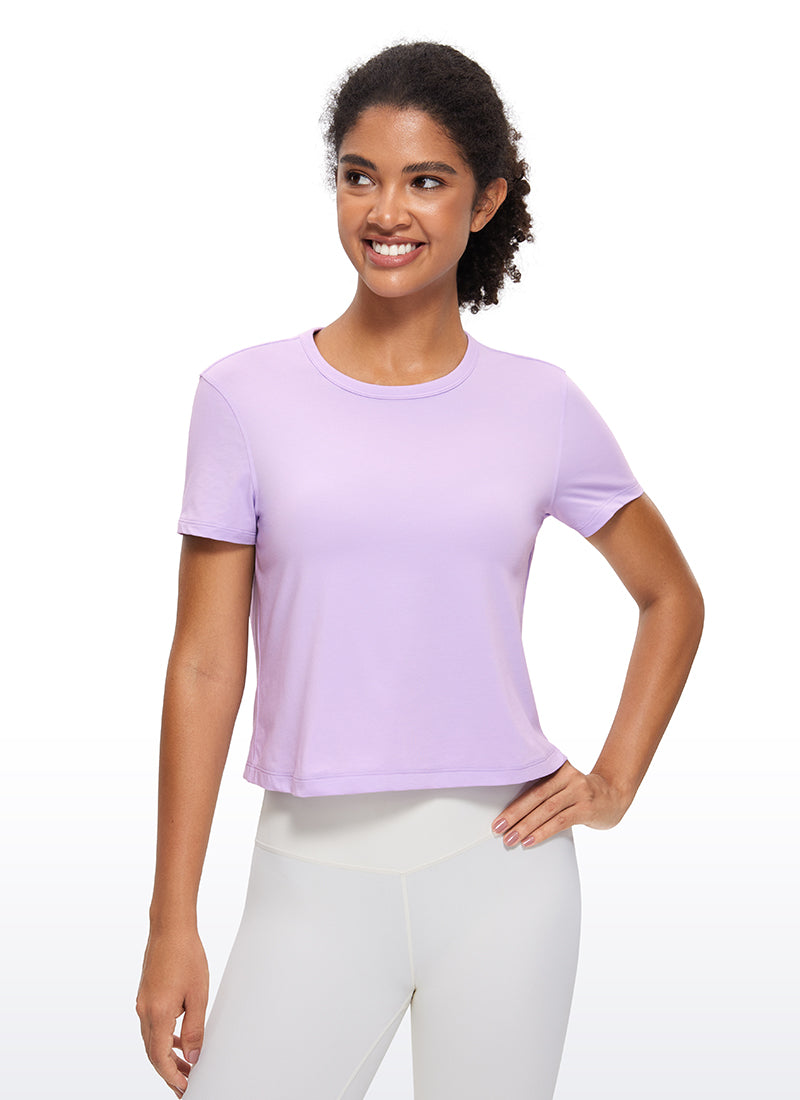 CRZ YOGA Camiseta de Algodón Pima y Mangas Cortas con Cuello Alto para Mujer Hierba Marina Suave