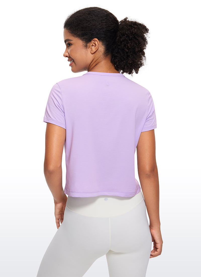 CRZ YOGA Camiseta de Algodón Pima y Mangas Cortas con Cuello Alto para Mujer Hierba Marina Suave