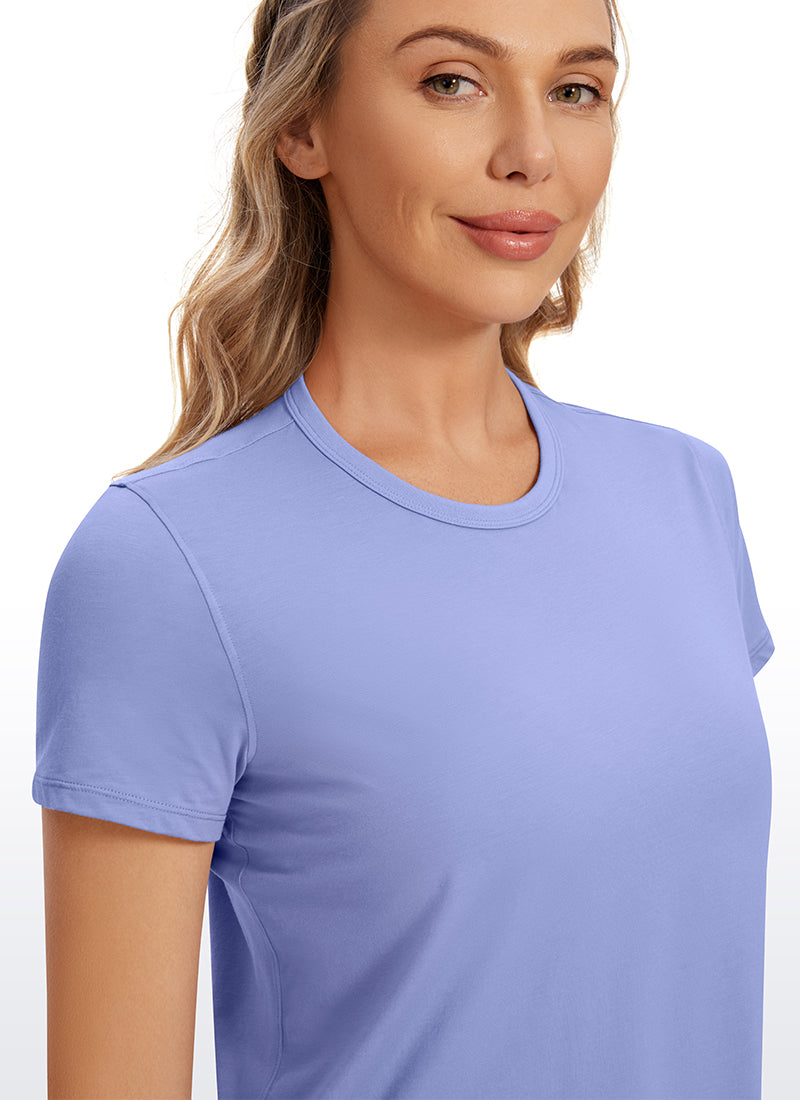 CRZ YOGA Camiseta de Algodón Pima y Mangas Cortas con Cuello Alto para Mujer Lino azul
