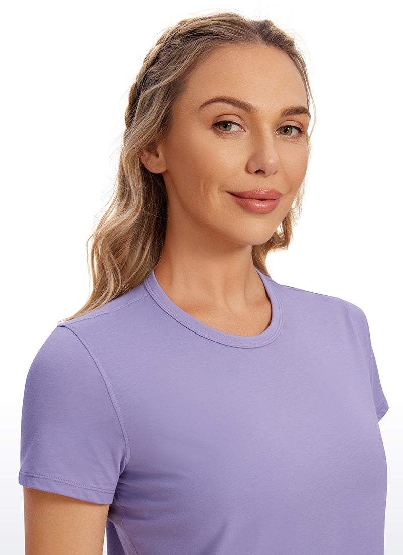 CRZ YOGA Camiseta de Algodón Pima y Mangas Cortas con Cuello Alto para Mujer Azul fuerte