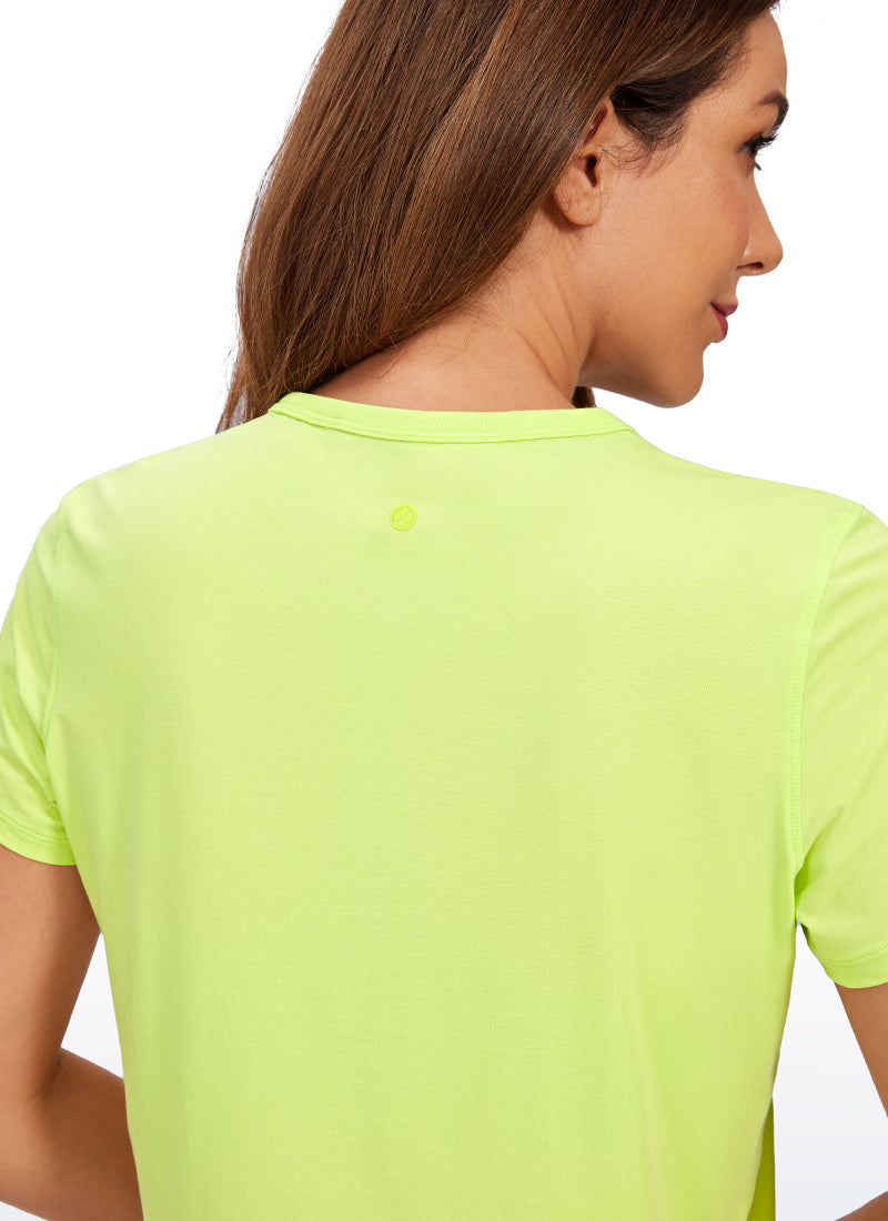 CRZ YOGA Camiseta de Algodón Pima y Mangas Cortas con Cuello Alto para Mujer Naranja Ladrillo