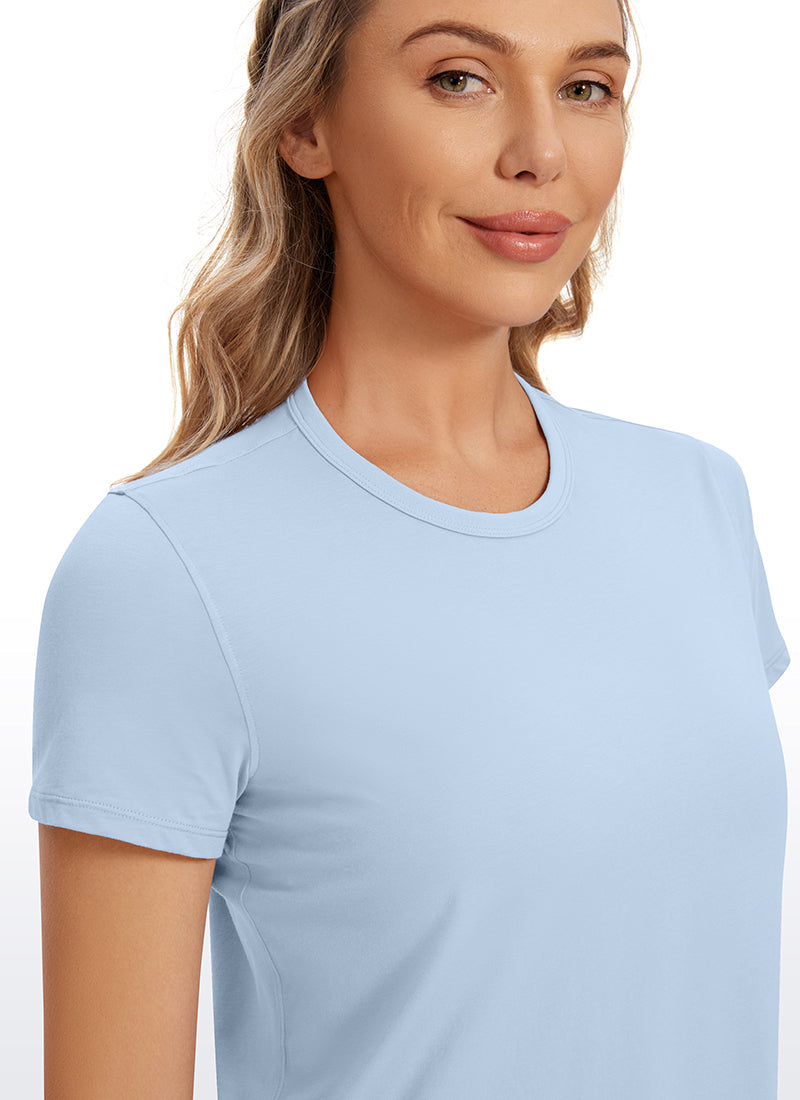 CRZ YOGA Camiseta de Algodón Pima y Mangas Cortas con Cuello Alto para Mujer Lavanda Gris