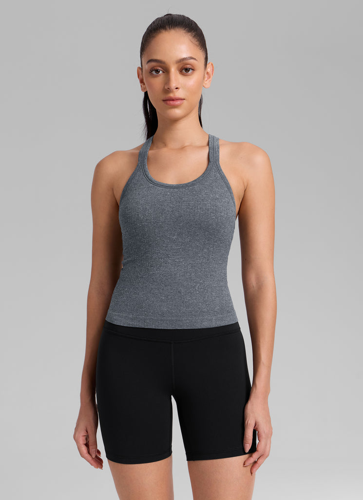 CRZ YOGA Tank con Cuello Redondo y sin Costuras para Mujer Verde oscuro