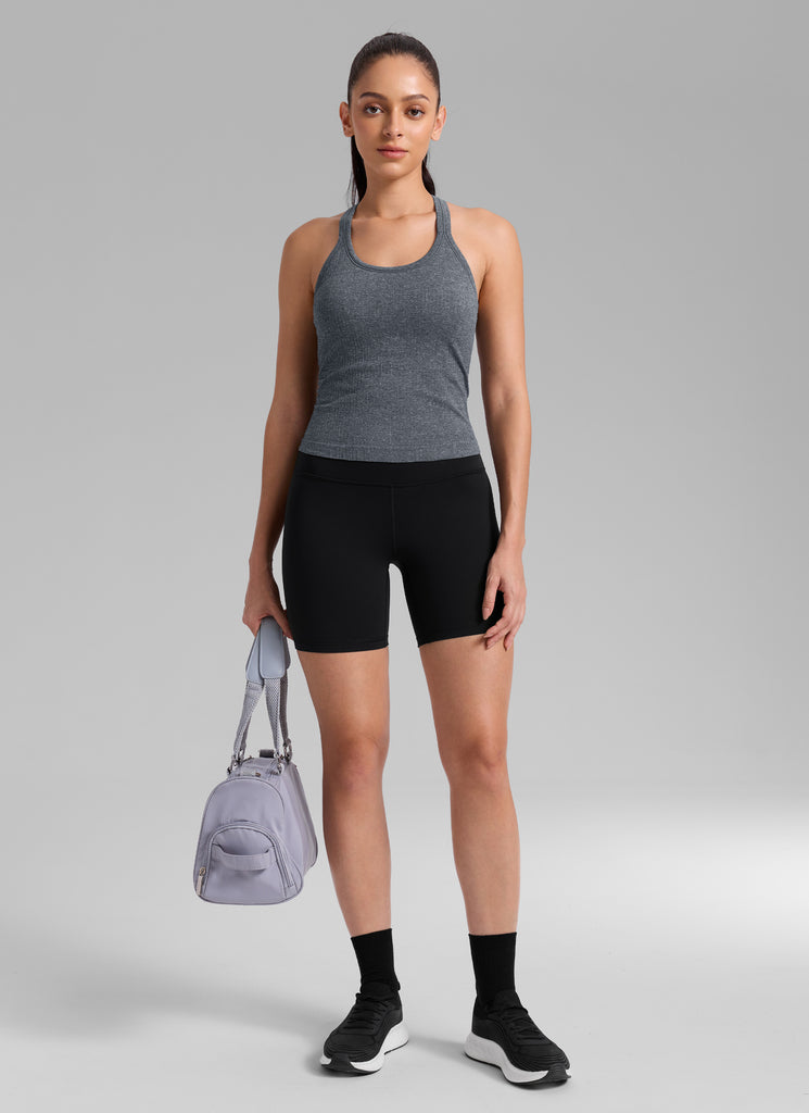CRZ YOGA Tank con Cuello Redondo y sin Costuras para Mujer Verde oscuro