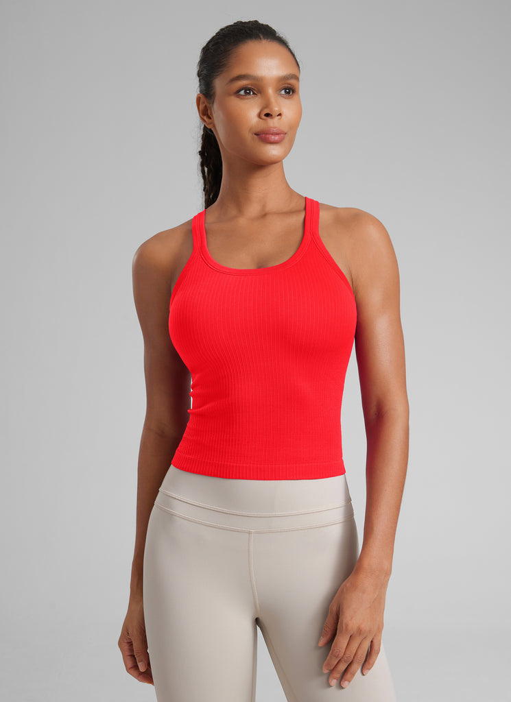 CRZ YOGA Tank con Cuello Redondo y sin Costuras para Mujer Rojo Profundo