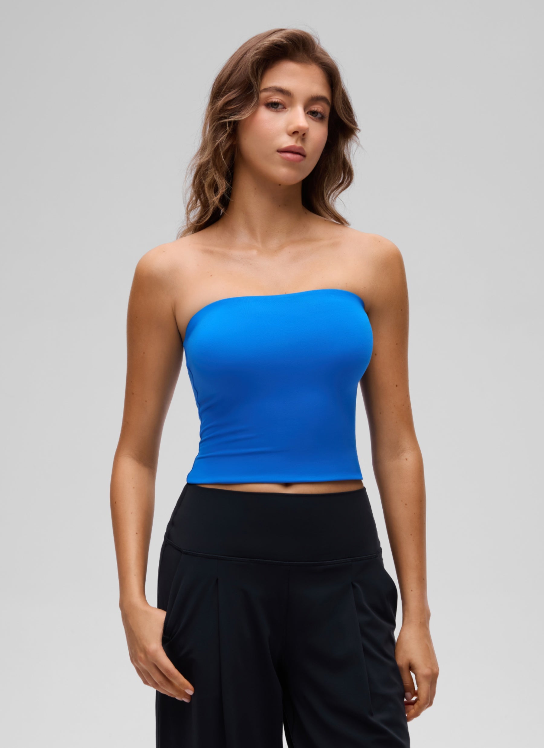 CRZ YOGA Butterluxe Camiseta de Corte Ajustado Sin Tirantes para Mujer Azul Destello