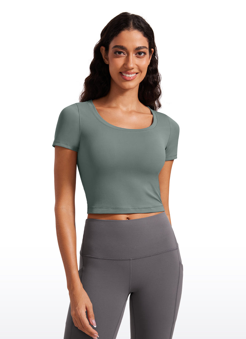 CRZ YOGA Camiseta Cropped de Manga Corta con Escote Redondeado Mujer Salvia gris