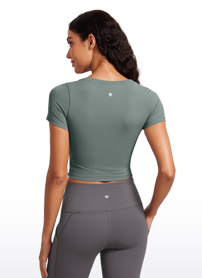 CRZ YOGA Camiseta Cropped de Manga Corta con Escote Redondeado Mujer Salvia gris