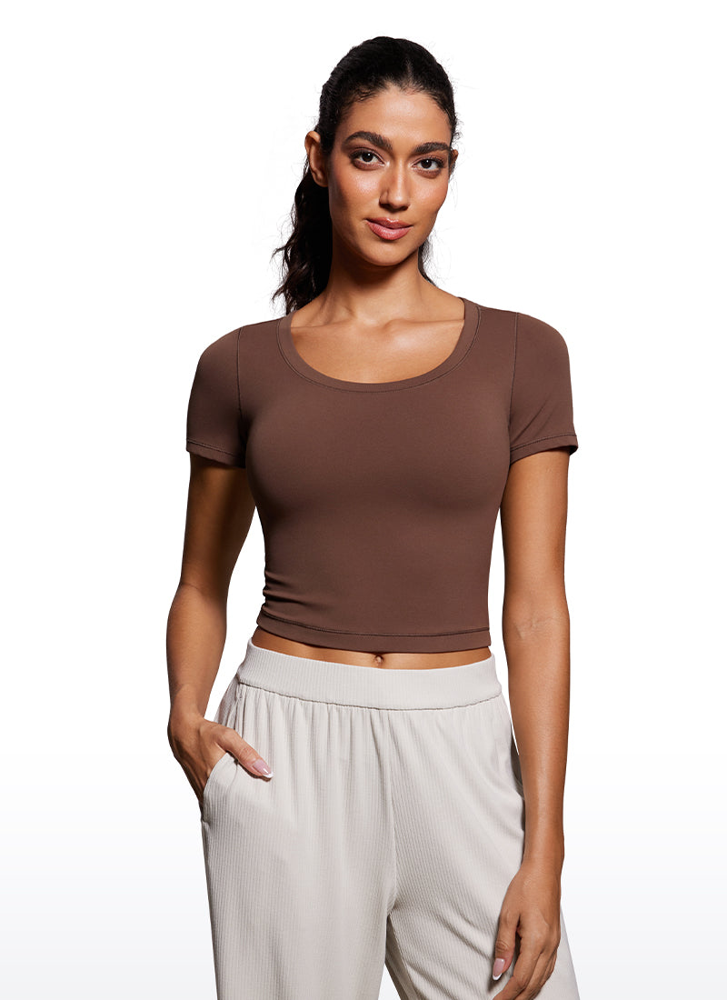 CRZ YOGA Camiseta Cropped de Manga Corta con Escote Redondeado Mujer Café Morena