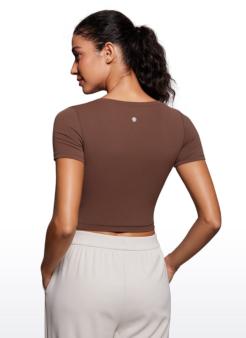 CRZ YOGA Camiseta Cropped de Manga Corta con Escote Redondeado Mujer Café Morena