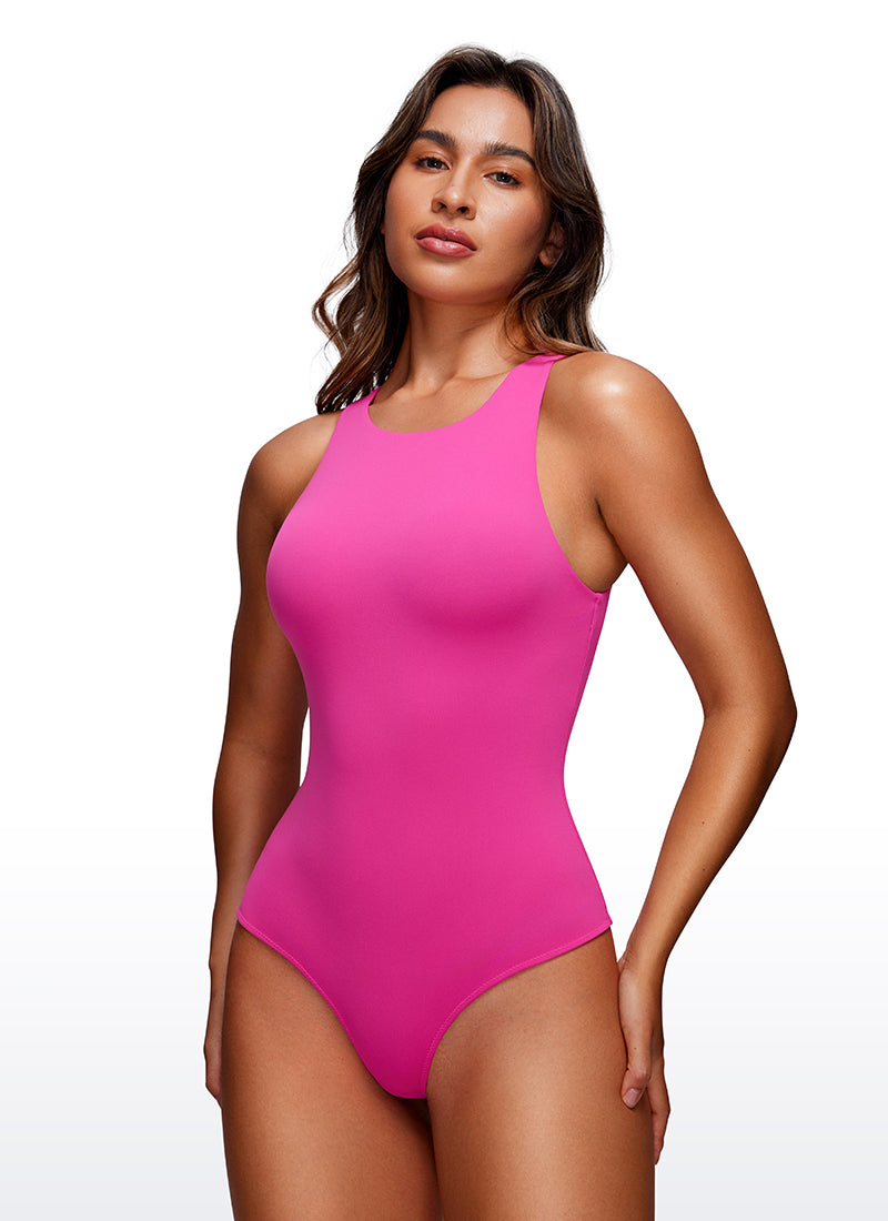 CRZ YOGA Mujeres Body de Yoga de Cuello Alto Púrpura Hibisco