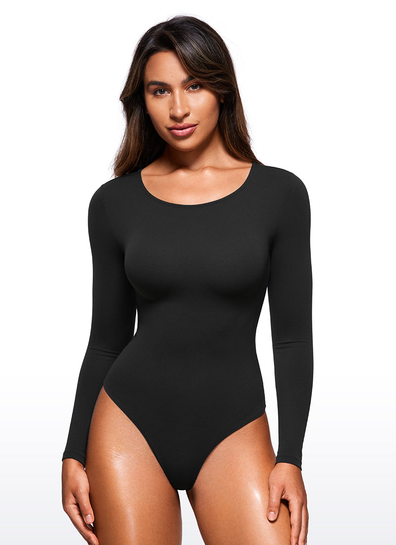 CRZ YOGA Mujeres Bodysuit Yoga Ajustado Manga Larga Cuello Redondo Negro
