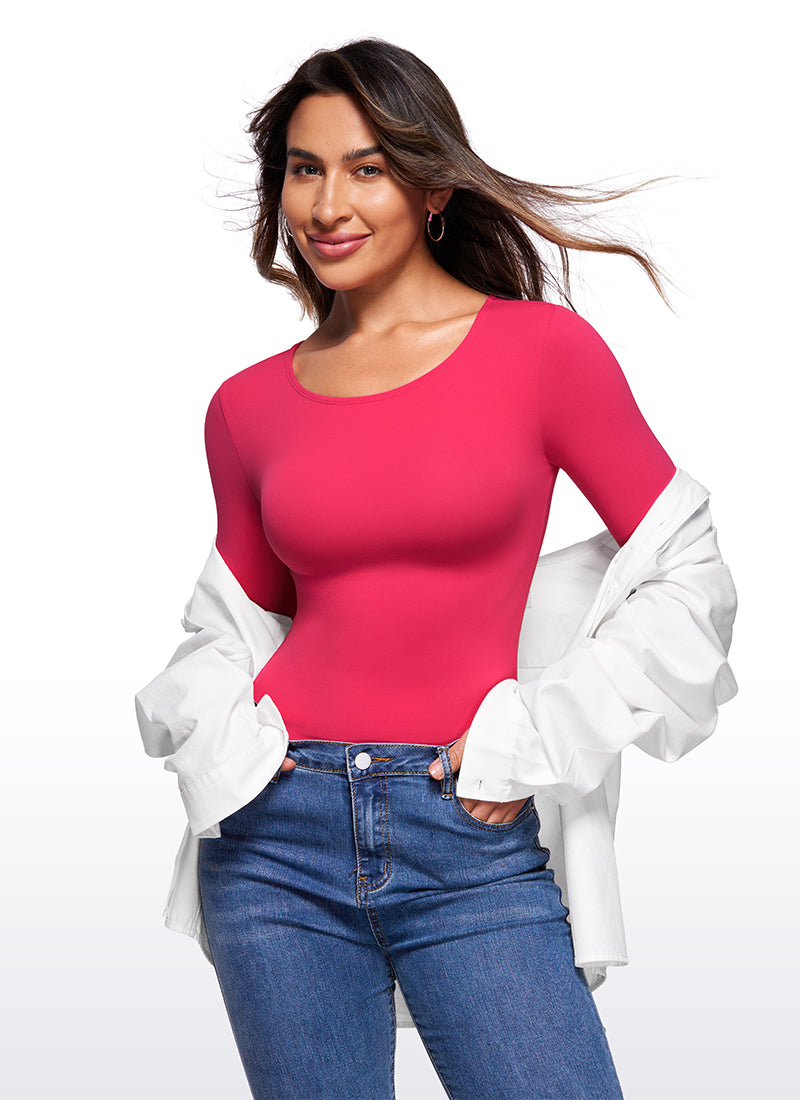 CRZ YOGA Mujeres Bodysuit Yoga Ajustado Manga Larga Cuello Redondo Viva Magenta