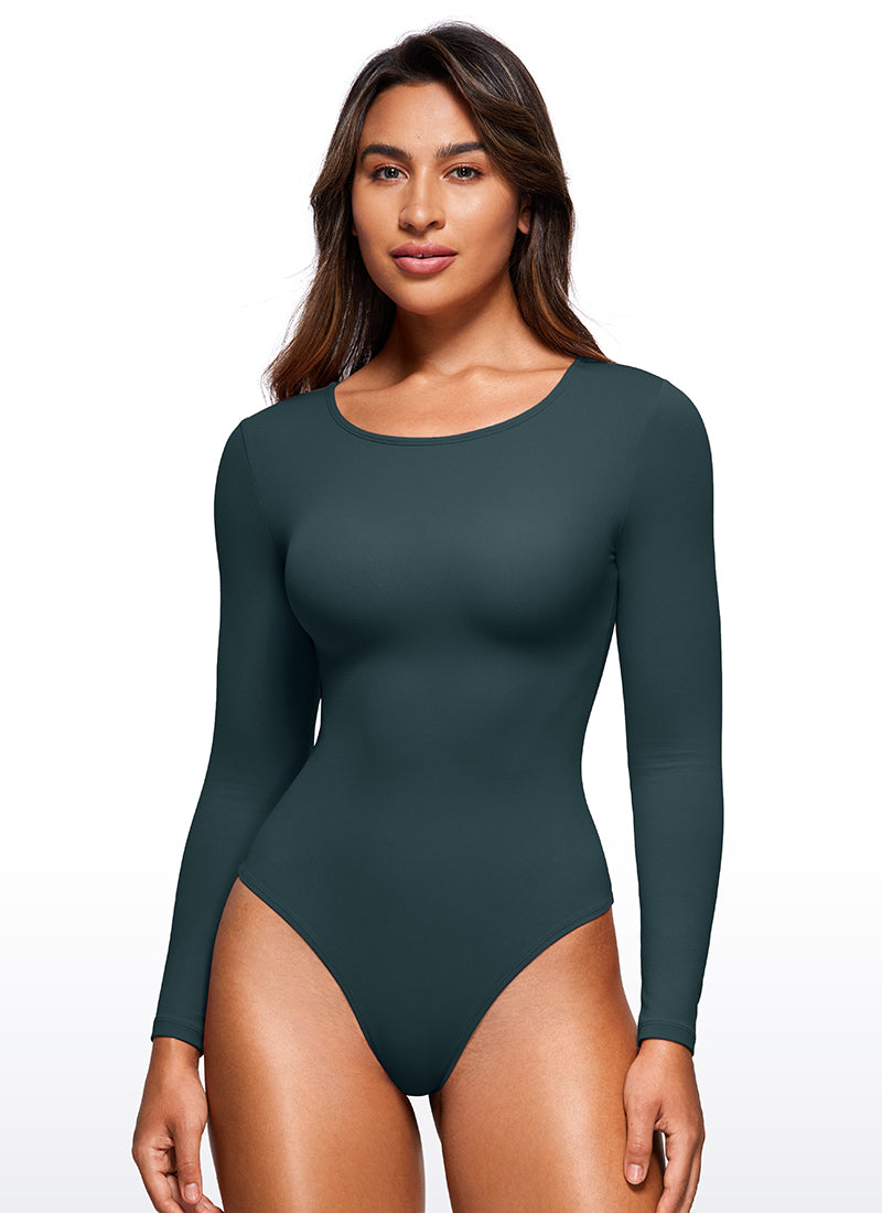 CRZ YOGA Mujeres Bodysuit Yoga Ajustado Manga Larga Cuello Redondo Verde oscuro del bosque