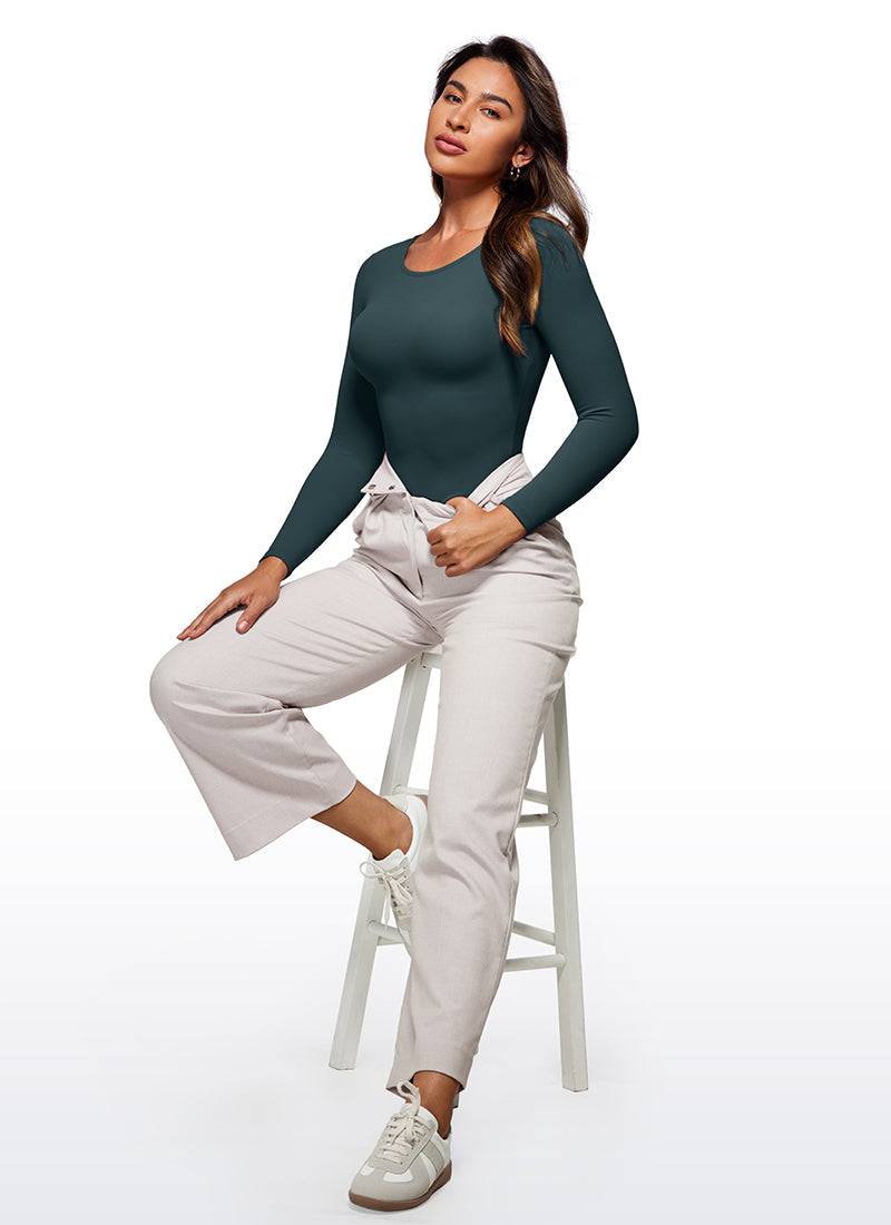 CRZ YOGA Mujeres Bodysuit Yoga Ajustado Manga Larga Cuello Redondo Verde oscuro del bosque