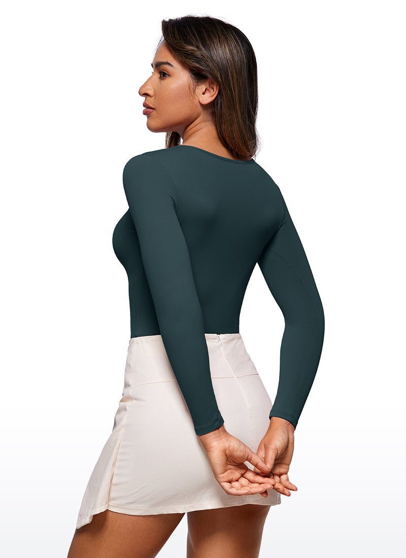 CRZ YOGA Mujeres Bodysuit Yoga Ajustado Manga Larga Cuello Redondo Verde oscuro del bosque