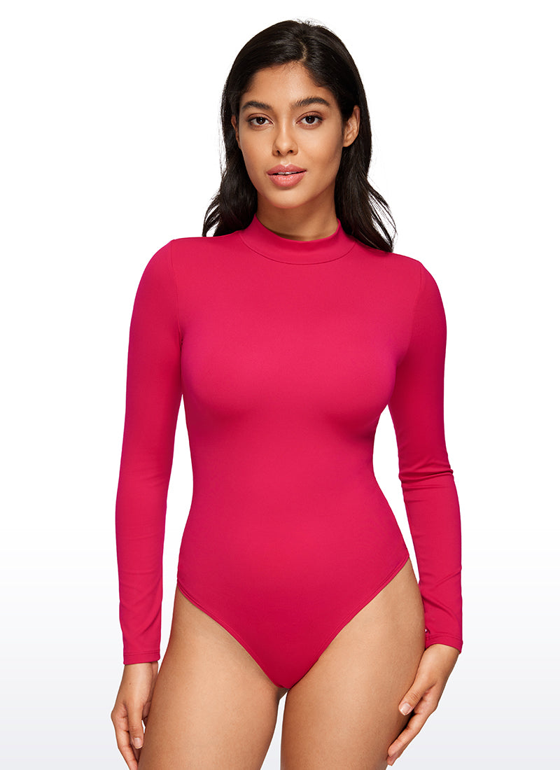CRZ YOGA Mujeres Bodysuit Yoga Ajustado Manga Larga Cuello Alto Viva Magenta
