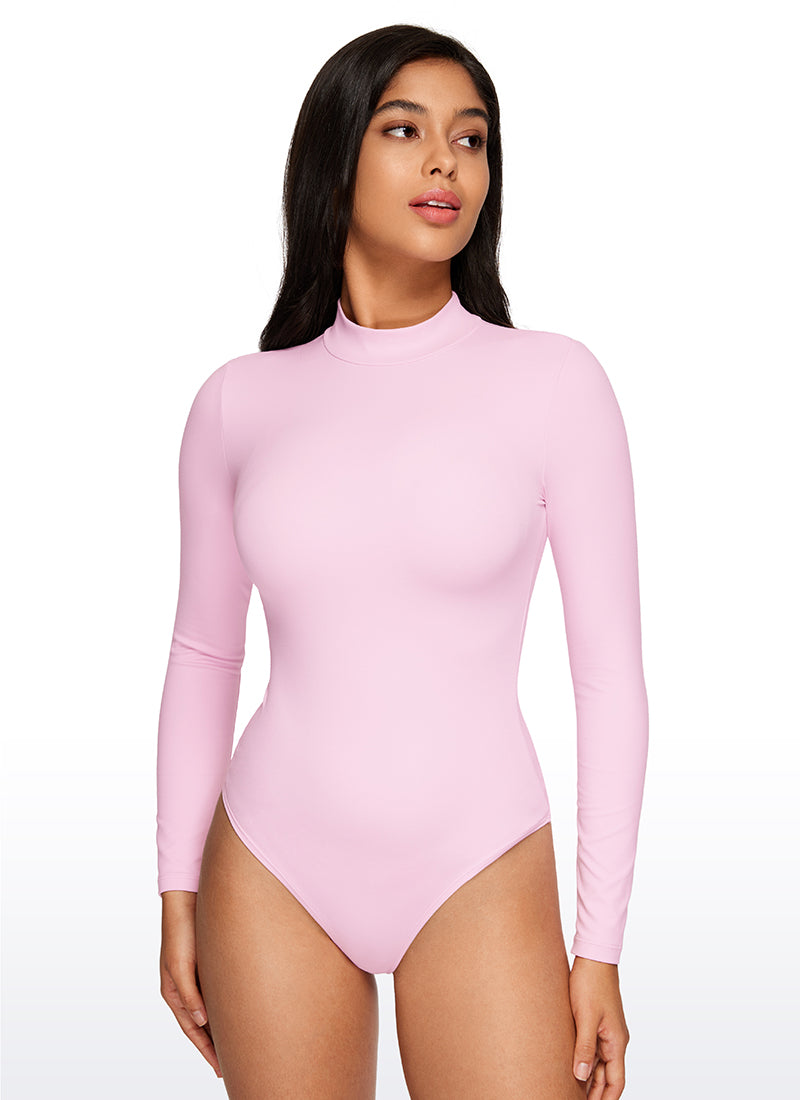 CRZ YOGA Mujeres Bodysuit Yoga Ajustado Manga Larga Cuello Alto Peonía Rosa