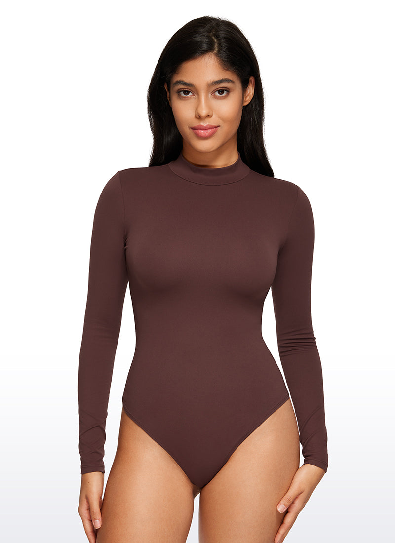 CRZ YOGA Mujeres Bodysuit Yoga Ajustado Manga Larga Cuello Alto Gris pardo